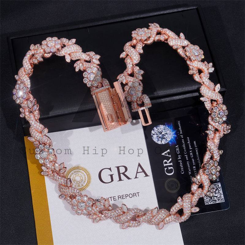 Hip Hop Iced Out 18MM Width Flower Link Cuban Chain Moissanite Diamond Rose Gold Plated