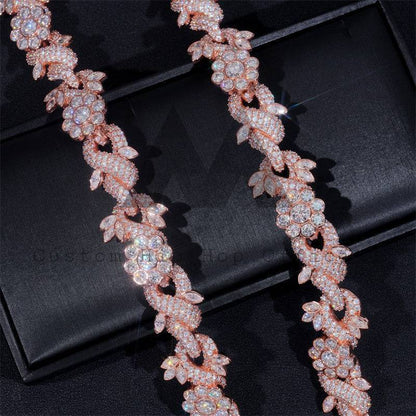 Hip Hop Iced Out 18MM Width Flower Link Cuban Chain Moissanite Diamond Rose Gold Plated