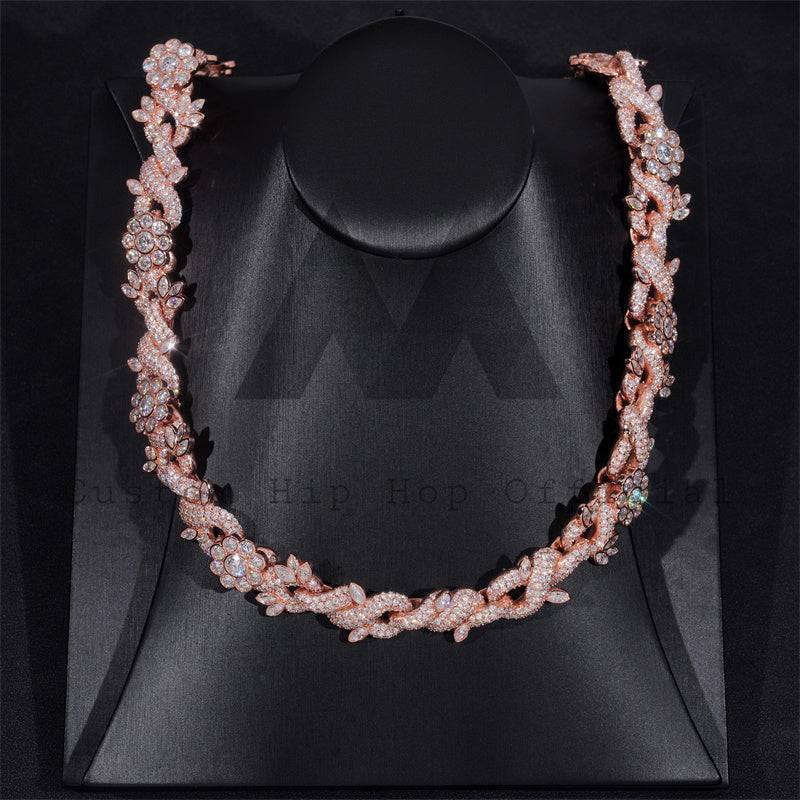 Hip Hop Iced Out 18MM Width Flower Link Cuban Chain Moissanite Diamond Rose Gold Plated