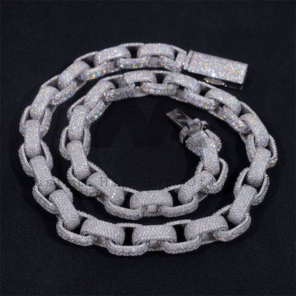 3D 360 Iced Out Solid Silver Men Buss Down 15MM Width Box Hermes Link Iced Out Moissanite Hip Hop Jewelry Chain