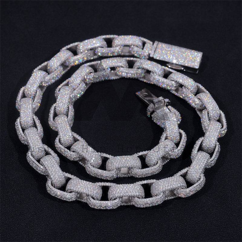 3D 360 Iced Out Solid Silver Men Buss Down 15MM Width Box Hermes Link Iced Out Moissanite Hip Hop Jewelry Chain