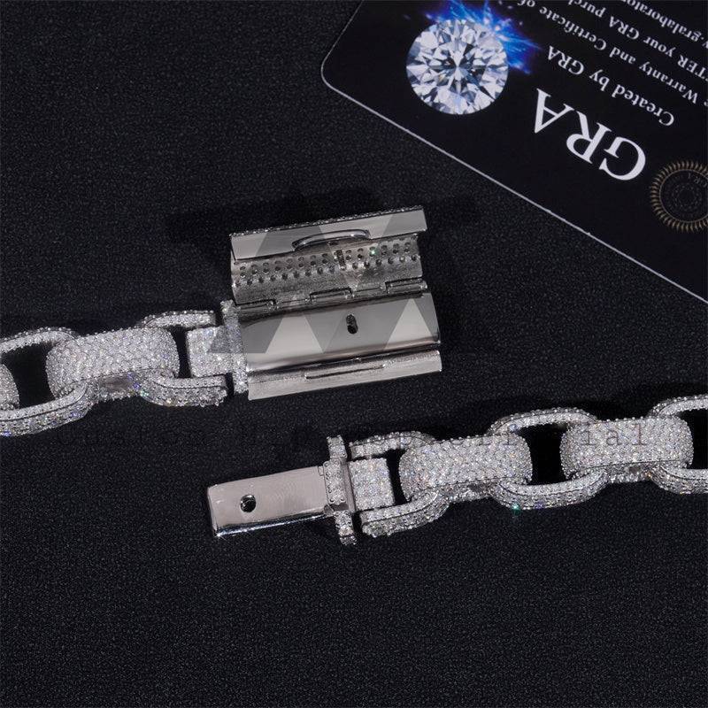 3D 360 Iced Out Solid Silver Men Buss Down 15MM Width Box Hermes Link Iced Out Moissanite Hip Hop Jewelry Chain