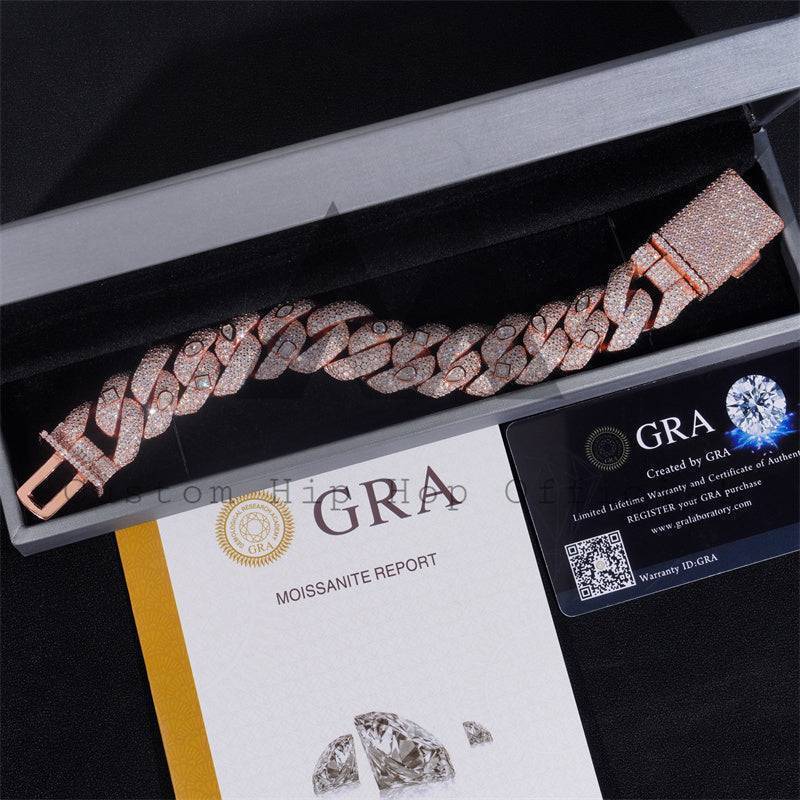 20MM Rose Gold Plated Moissanite Diamond Cuban Link Bracelet With Fancy Cut Stones