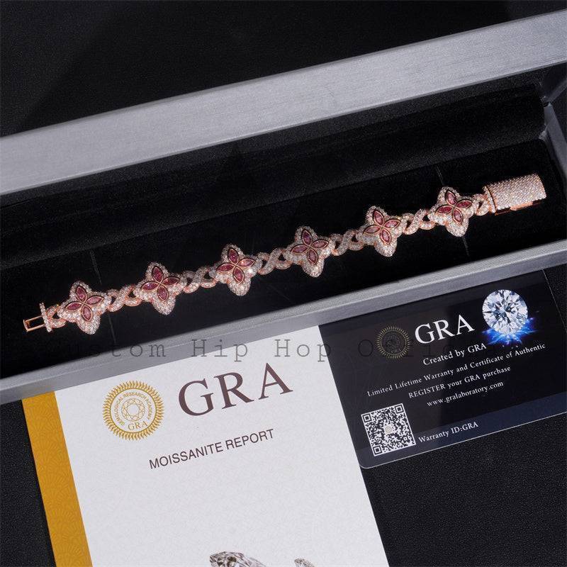 Rose Gold Plated Moissanite Men 18MM Iced Out Infinity Link Clover Bracelet With Pink Moissanite