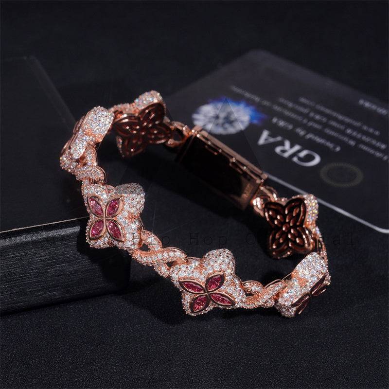 Rose Gold Plated Moissanite Men 18MM Iced Out Infinity Link Clover Bracelet With Pink Moissanite