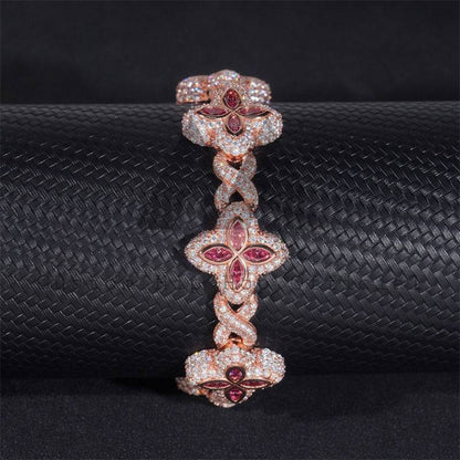 Rose Gold Plated Moissanite Men 18MM Iced Out Infinity Link Clover Bracelet With Pink Moissanite