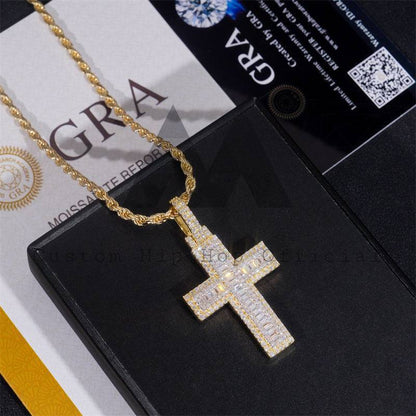 Yellow Gold Two Tone Moissanite Diamond Baguette Cut Cross Pendant For Men And Women