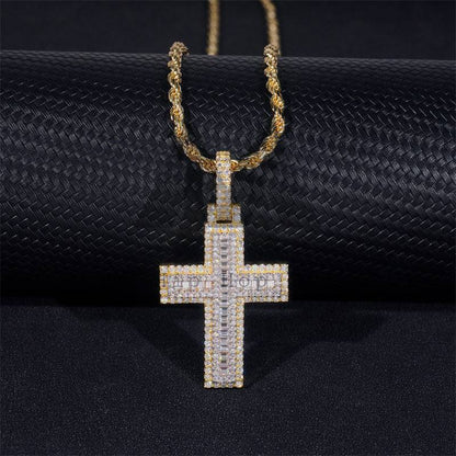 Yellow Gold Two Tone Moissanite Diamond Baguette Cut Cross Pendant For Men And Women