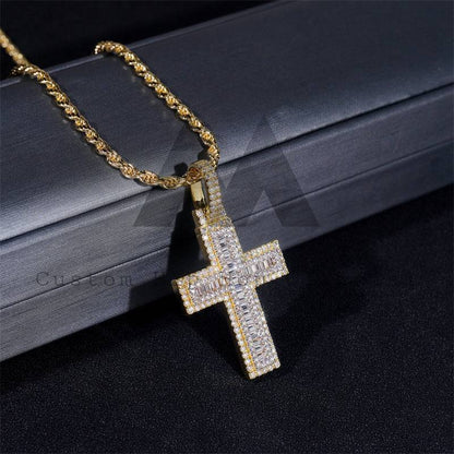 Yellow Gold Two Tone Moissanite Diamond Baguette Cut Cross Pendant For Men And Women