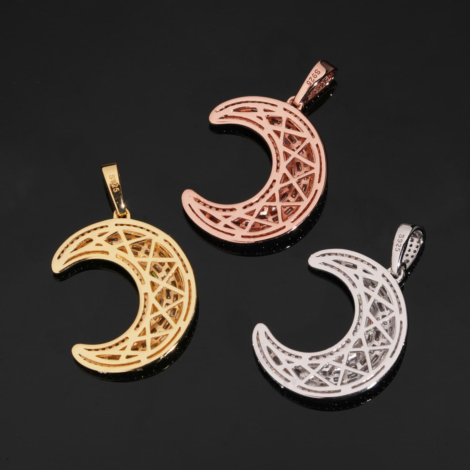 Baguette Cut Moissanite Diamond Moon Pendant Charm