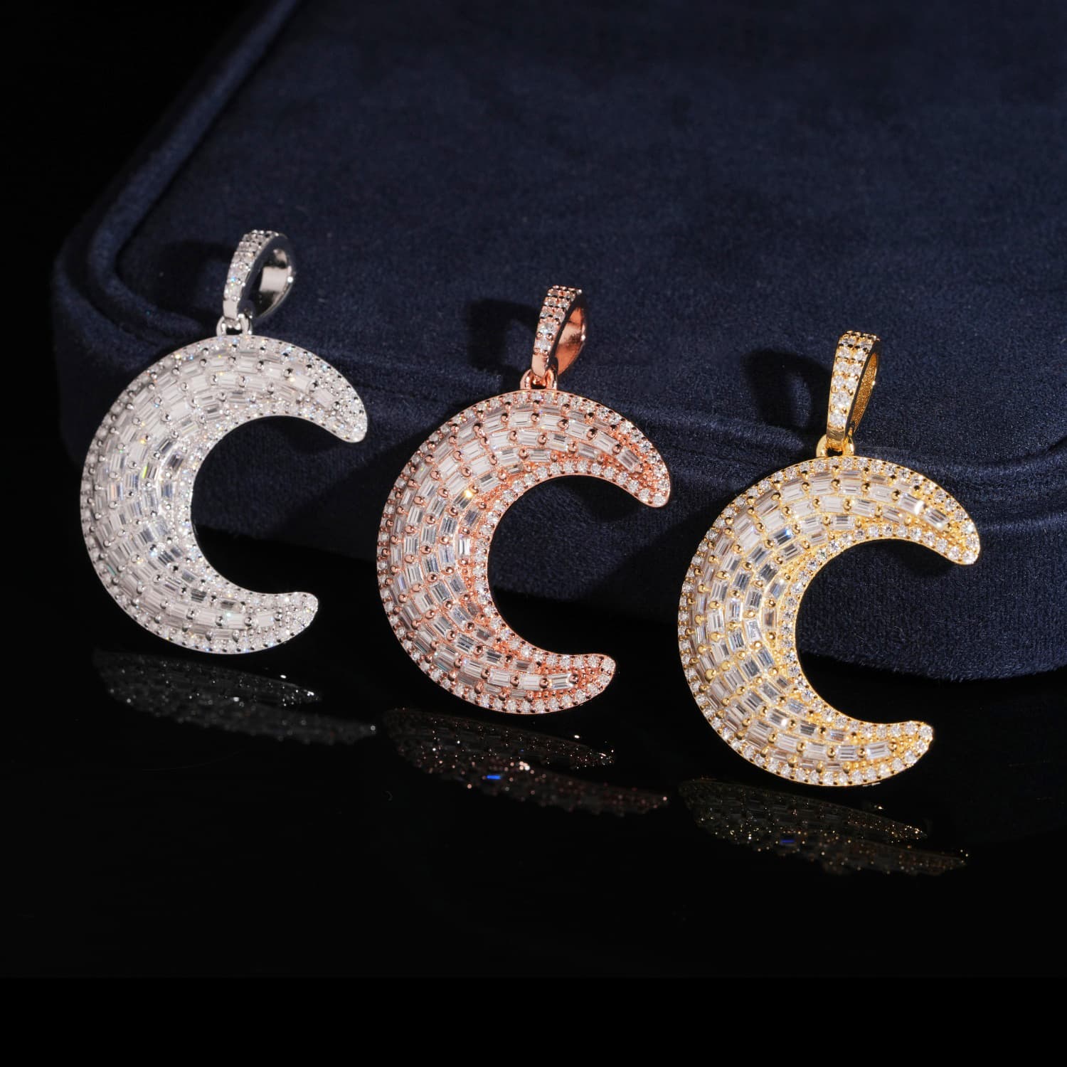 Baguette Cut Moissanite Diamond Moon Pendant Charm