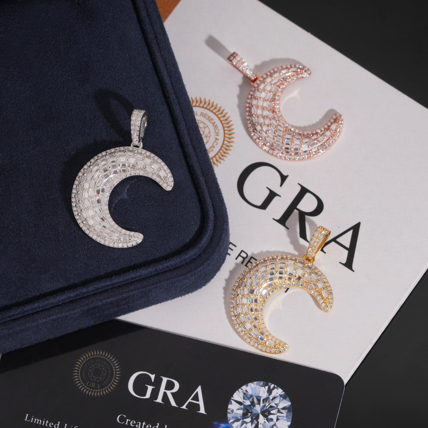 Baguette Cut Moissanite Diamond Moon Pendant Charm