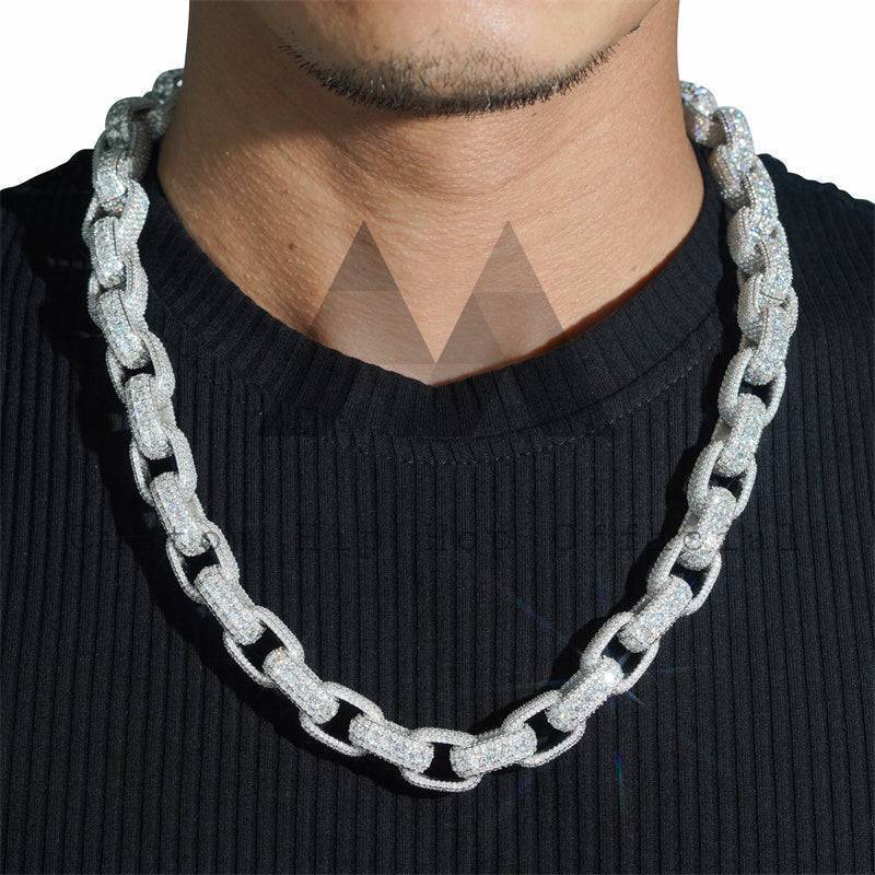 3D 360 Iced Out Solid Silver Men Buss Down 15MM Width Box Hermes Link Iced Out Moissanite Hip Hop Jewelry Chain