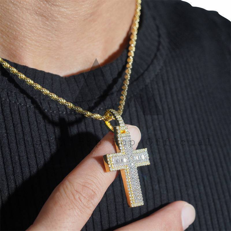 Yellow Gold Two Tone Moissanite Diamond Baguette Cut Cross Pendant For Men And Women