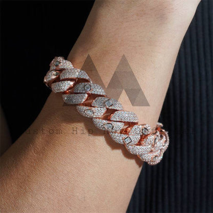 20MM Rose Gold Plated Moissanite Diamond Cuban Link Bracelet With Fancy Cut Stones