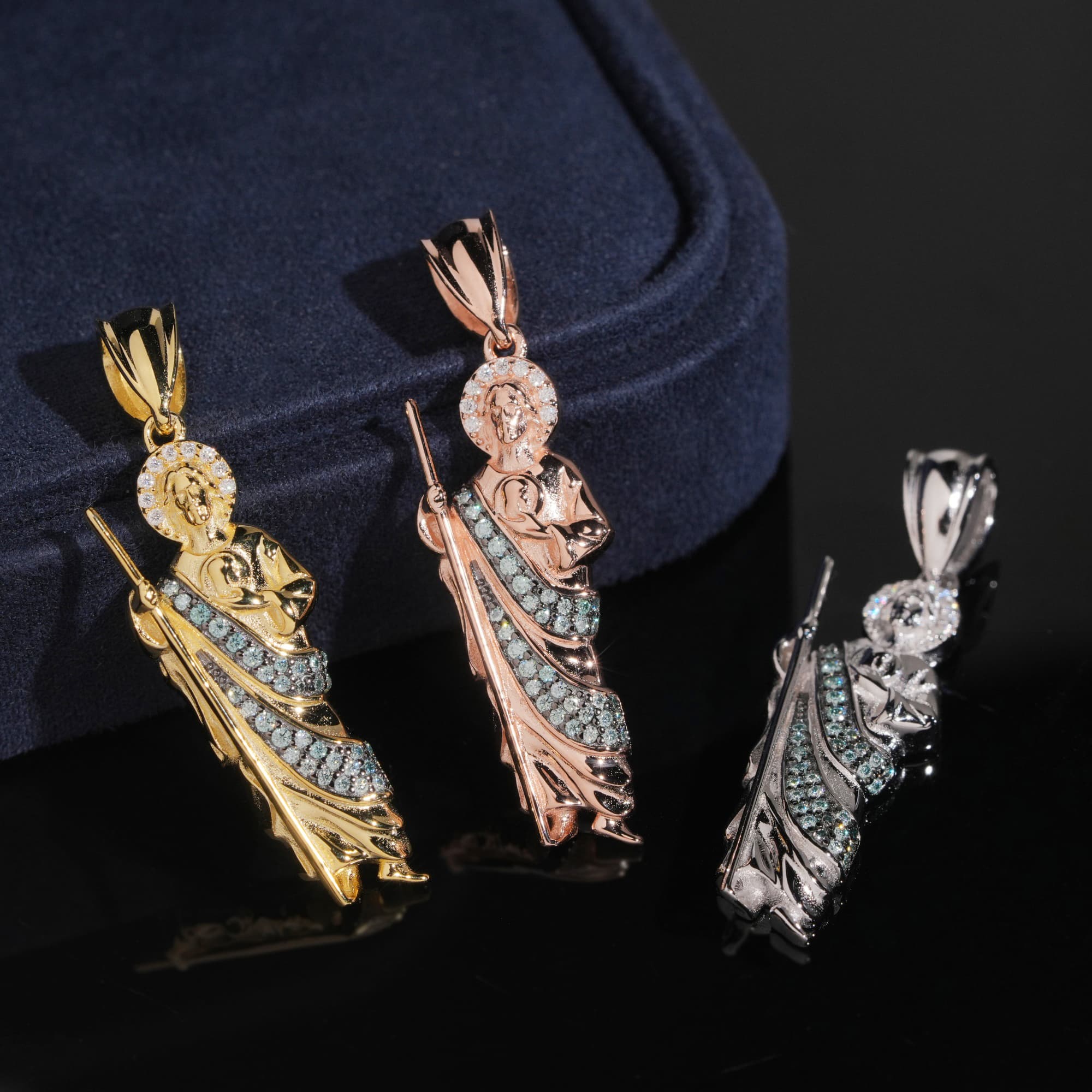 925 Sterling Silver Iced Out Blue Moissanite Saint Jesus Pendant Charm