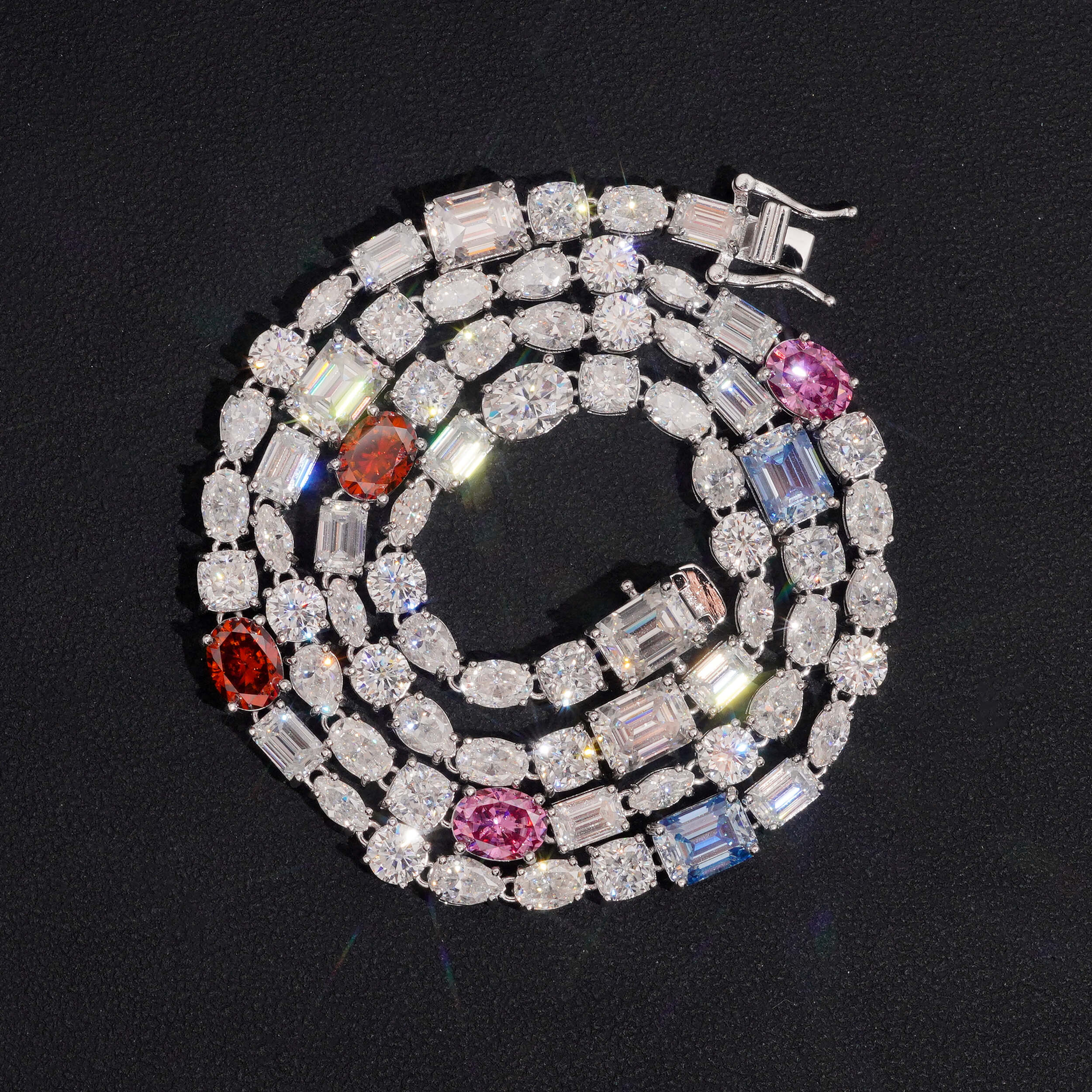 925 Sterling Silver Fancy Cut Mix Color Moissanite Tennis Chain Necklace