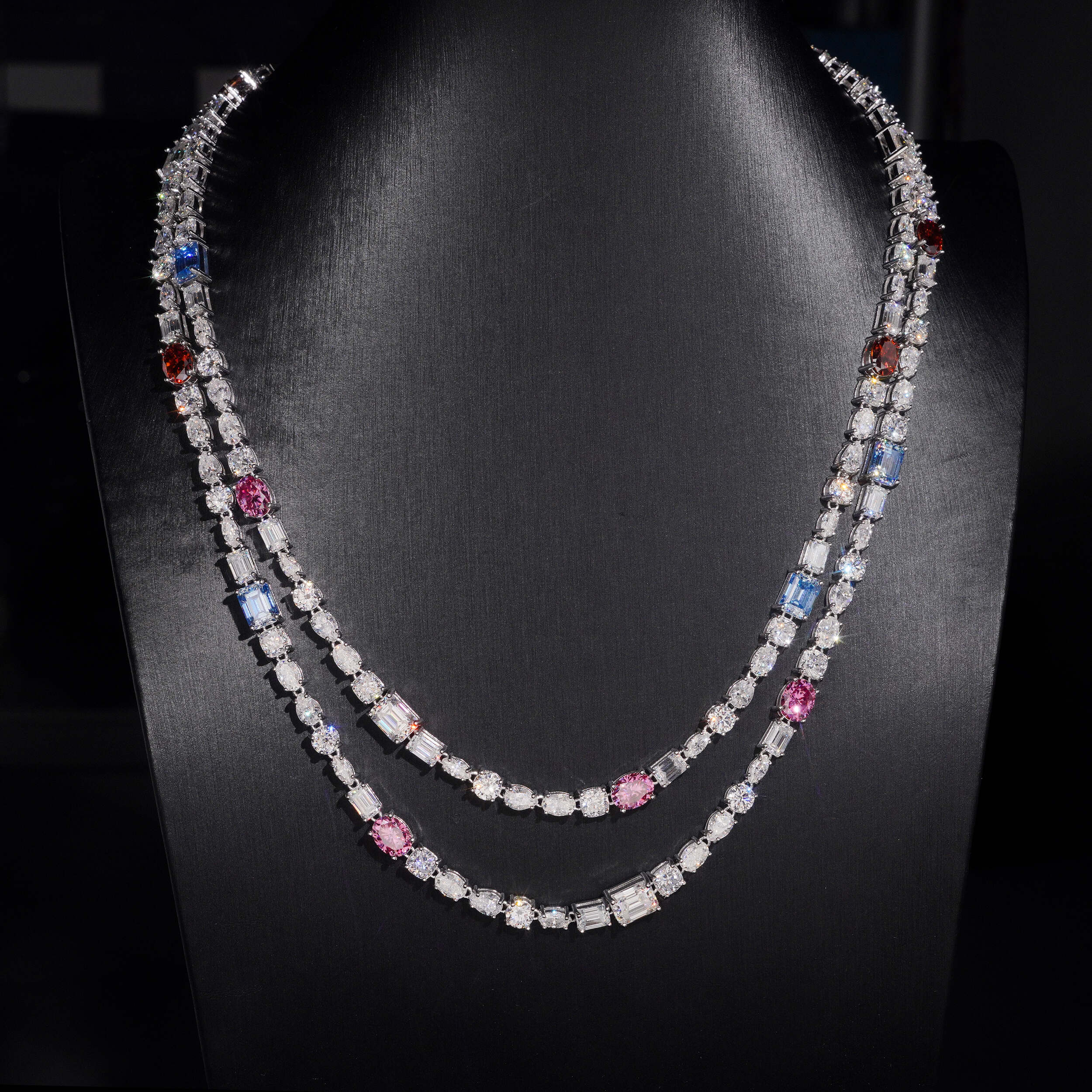 925 Sterling Silver Fancy Cut Mix Color Moissanite Tennis Chain Necklace