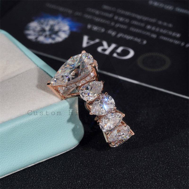 Hip hop jewelry featuring 14K real rose gold luxury vintage pear cut fully eternity moissanite diamond ring for women