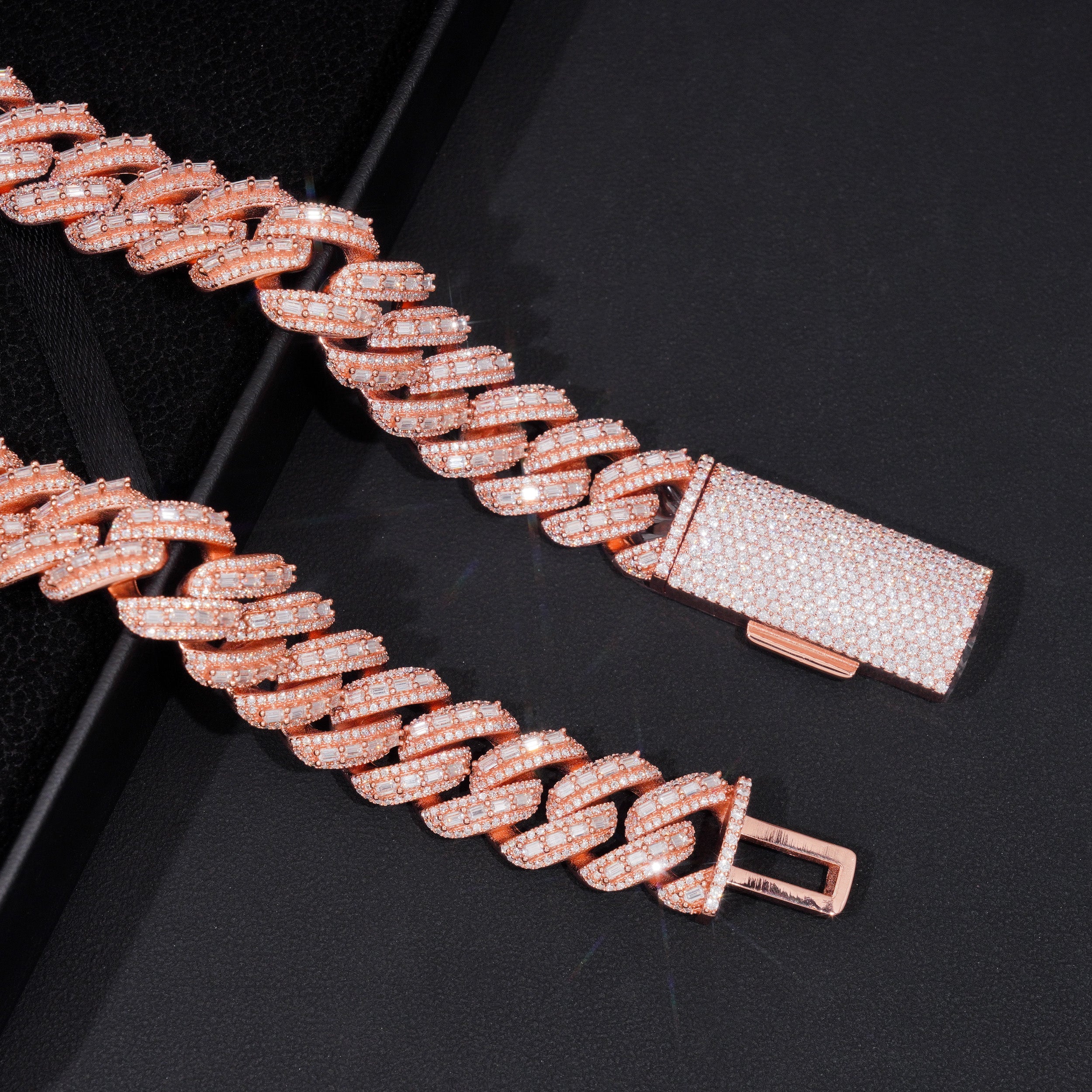 Hip Hop Men Jewelry 18MM VVS Moissanite Diamond Baguette Cut Cuban Link Chain Rose Gold Plated Over 925 Silver