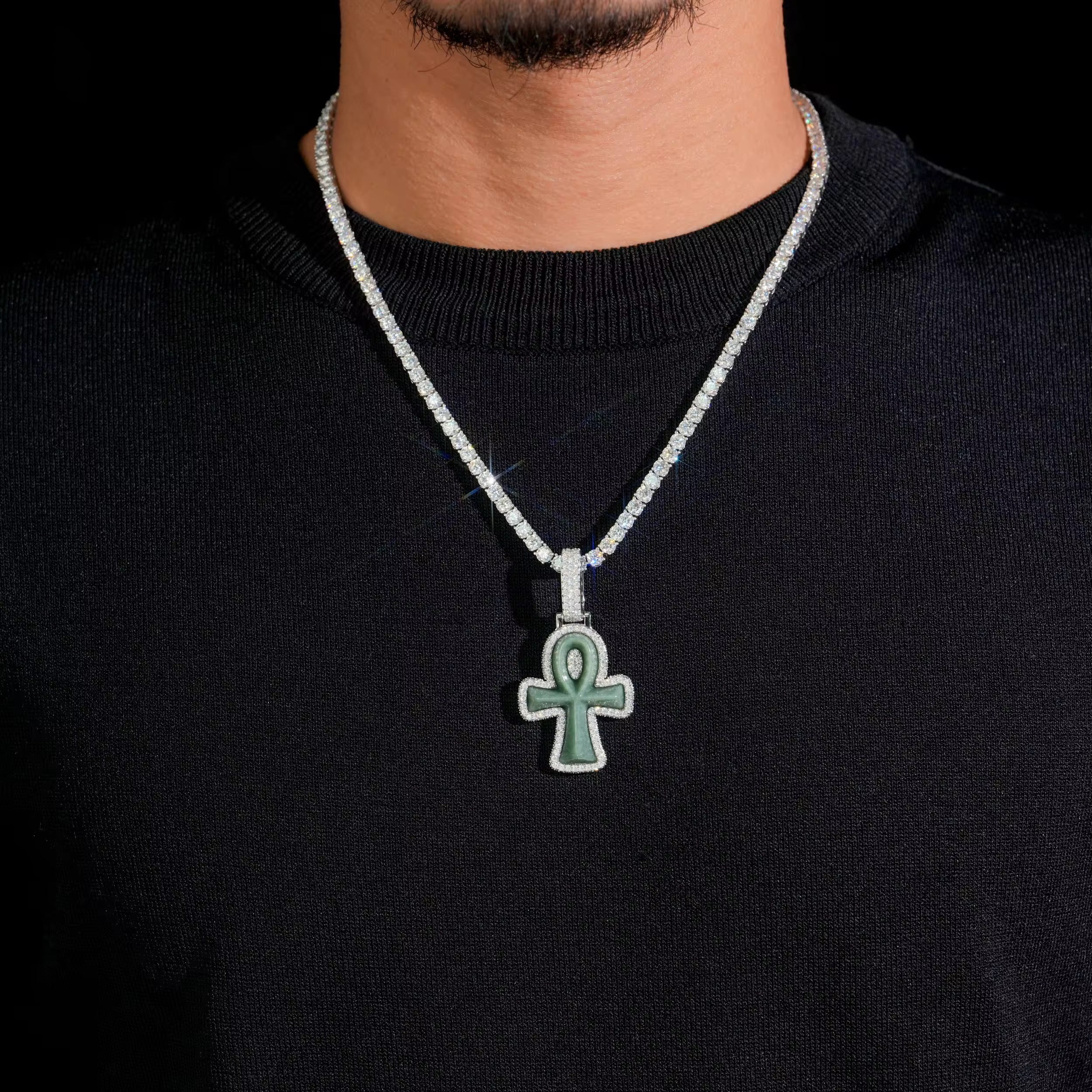 Moissanite Jade Ankh Cross Pendant Match 10MM Cuban Necklace