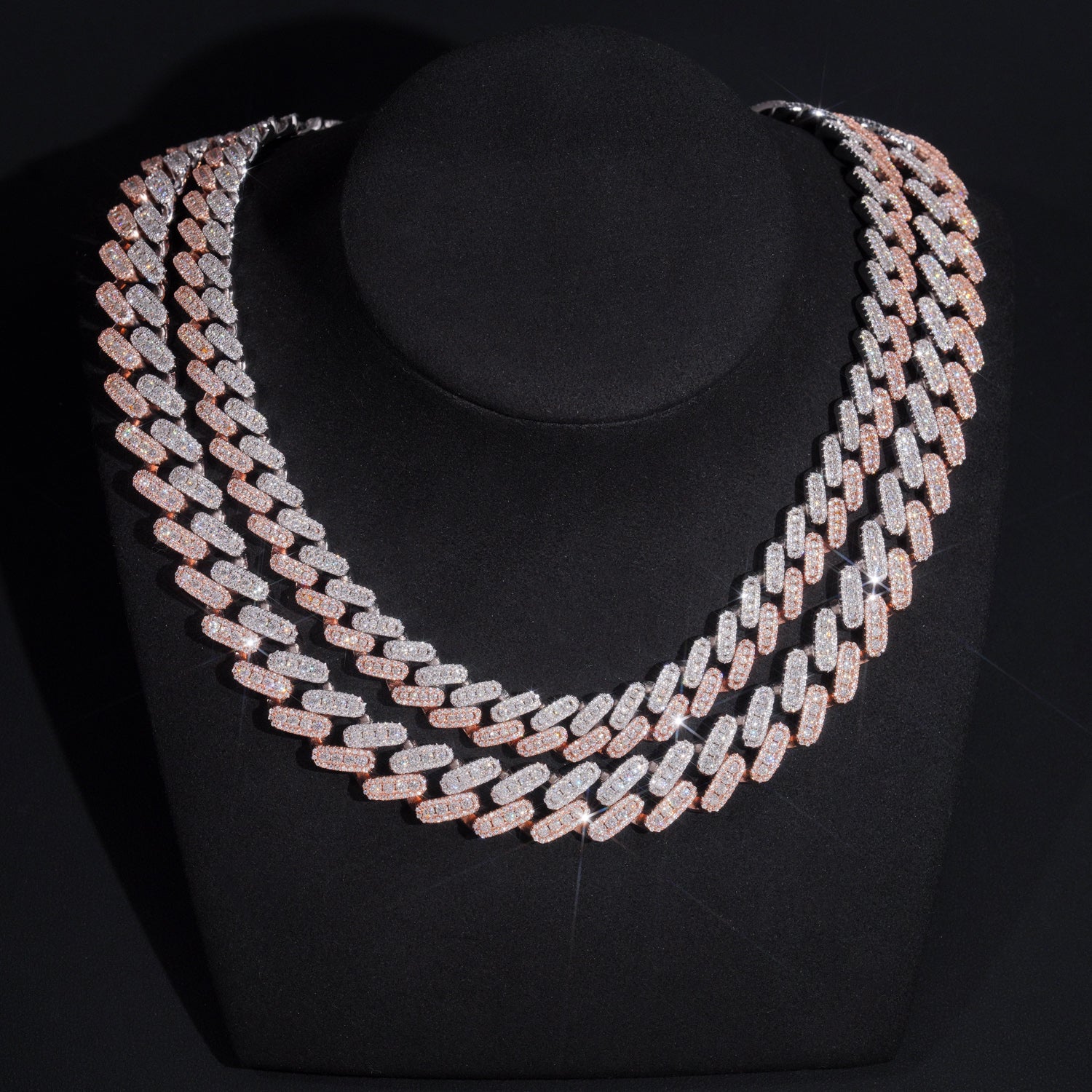 13MM 15MM Rose Gold Two Tone Three Rows Moissanite Cuban Chain Necklace Curve Lock