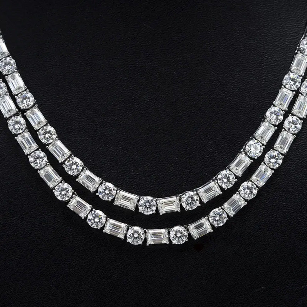 Emerald Cut Mix Round Cut VVS D Color Moissanite Diamond Tennis Chain