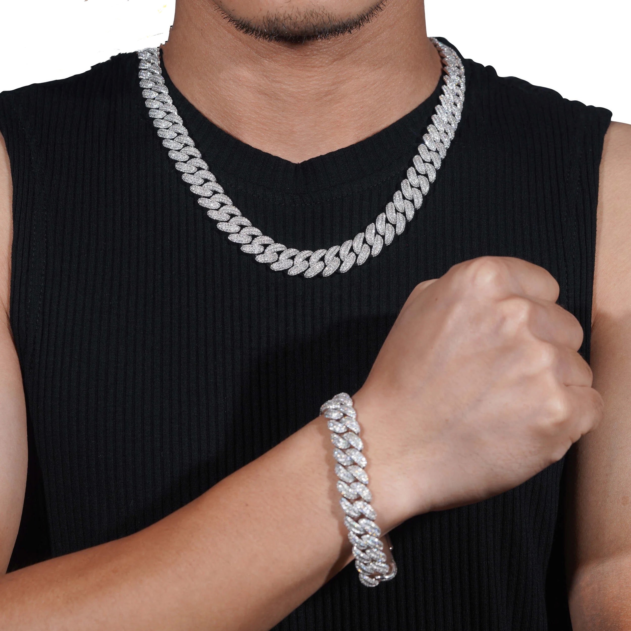 Solid Silver 13MM Iced Out Moissanite Diamond Cuban Link Chain Bracelet For Men