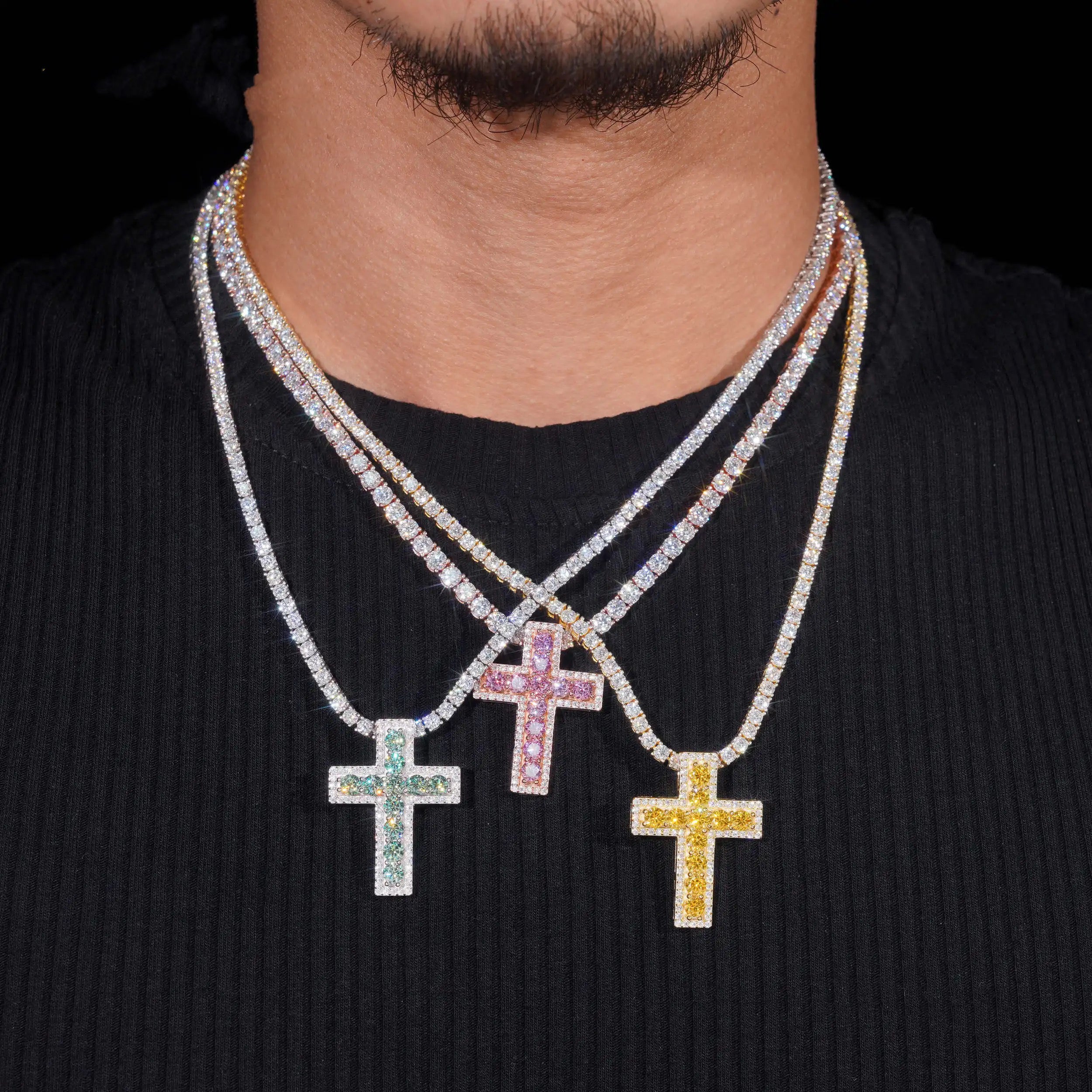 New Arrival Color Moissanite Cross Pendant Charm Fit For 4MM Tennis Chain