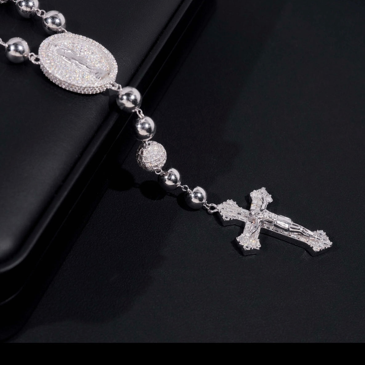 8MM Rosary Ball Chain With Jesus Cross Charm Sterling Silver Iced Out Moissanite Diamond Hip Hop Chain