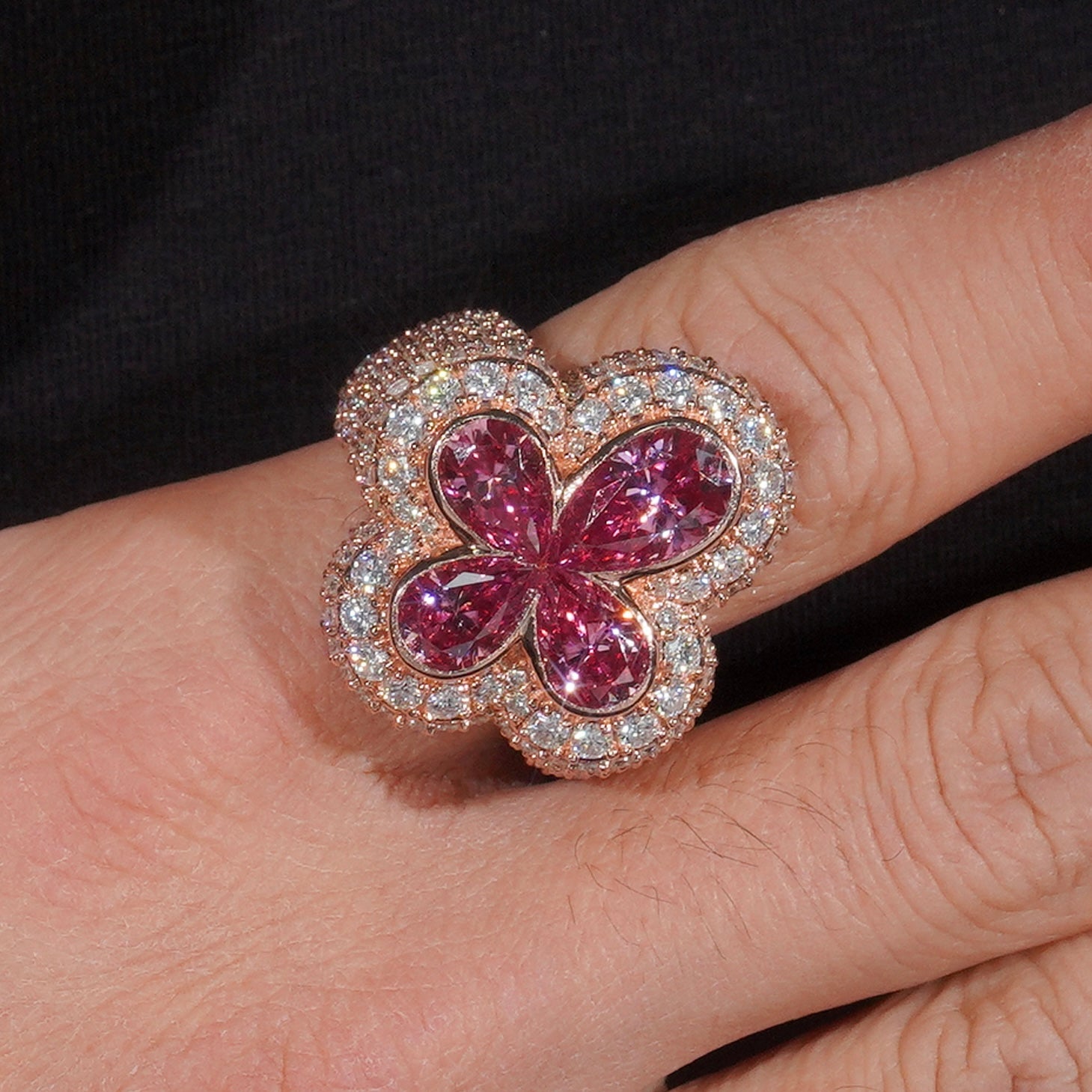 VVS Pink Moissanite Clover Flower Ring Rose Gold Plated Over Solid Silver