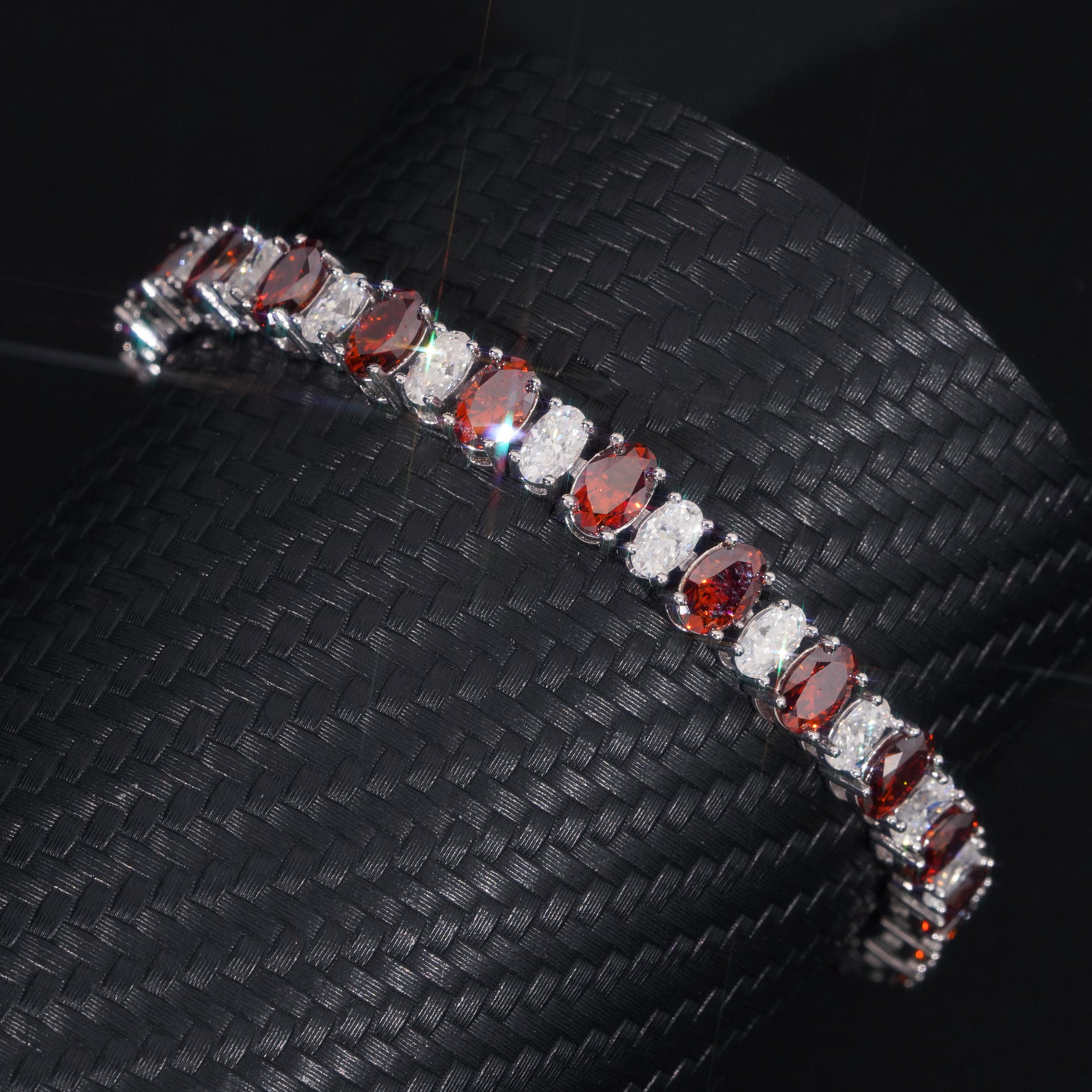 White mix Garnet moissanite tennis bracelet oval cut solid silver for unisex