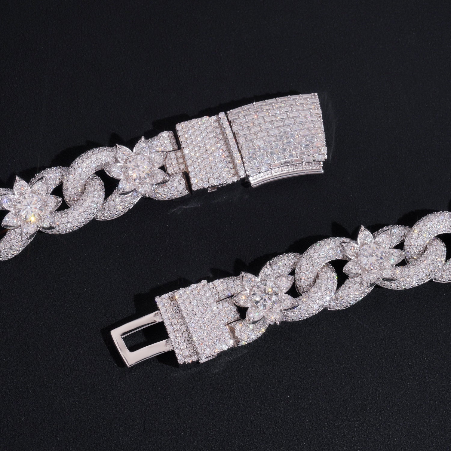 18MM Flower Cuban Link Chain Necklace VVS Moissanite Diamond Fully Iced Solid Silver