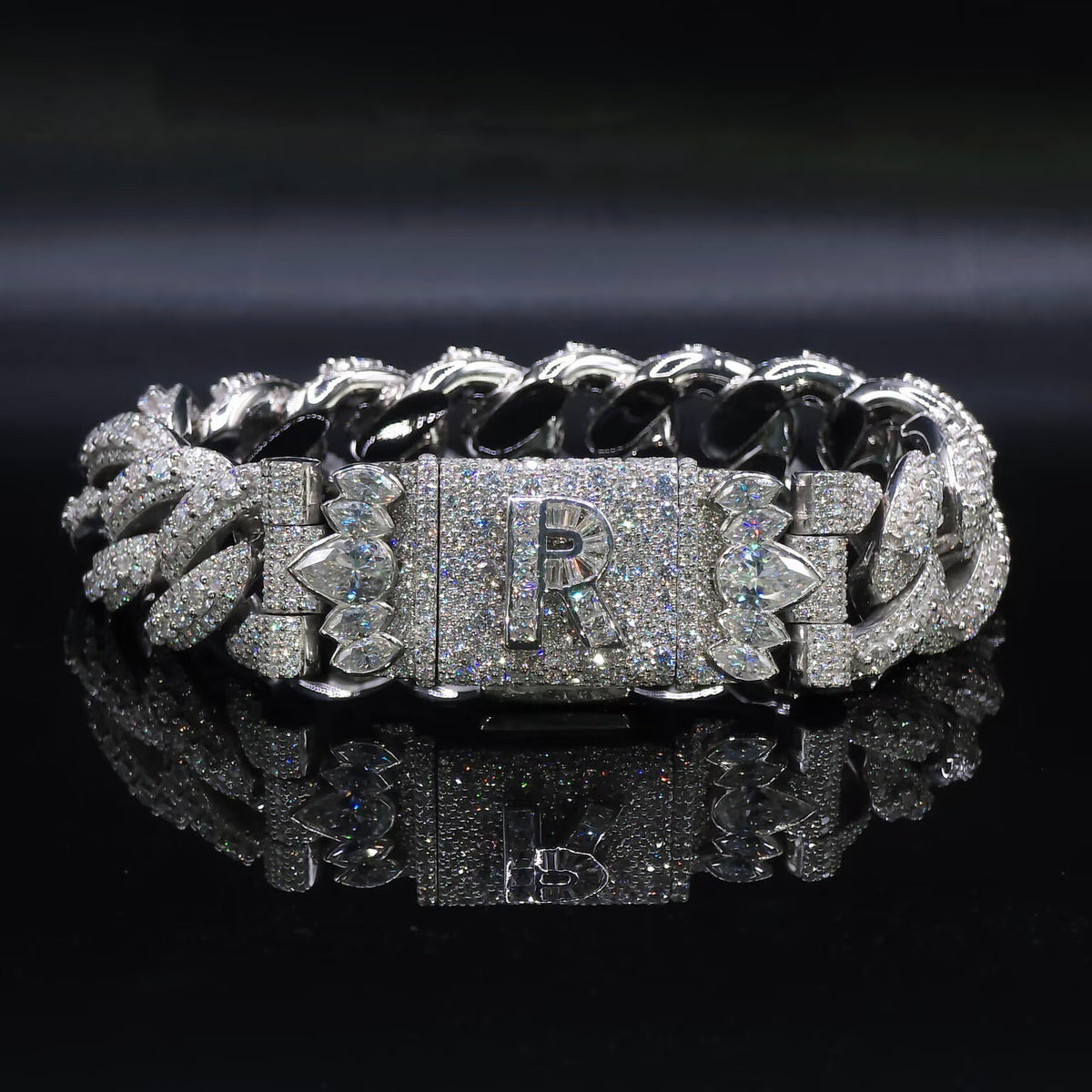 18MM Raised Stone Cuban Link Bracelet Moissanite Diamond With Initial Lock