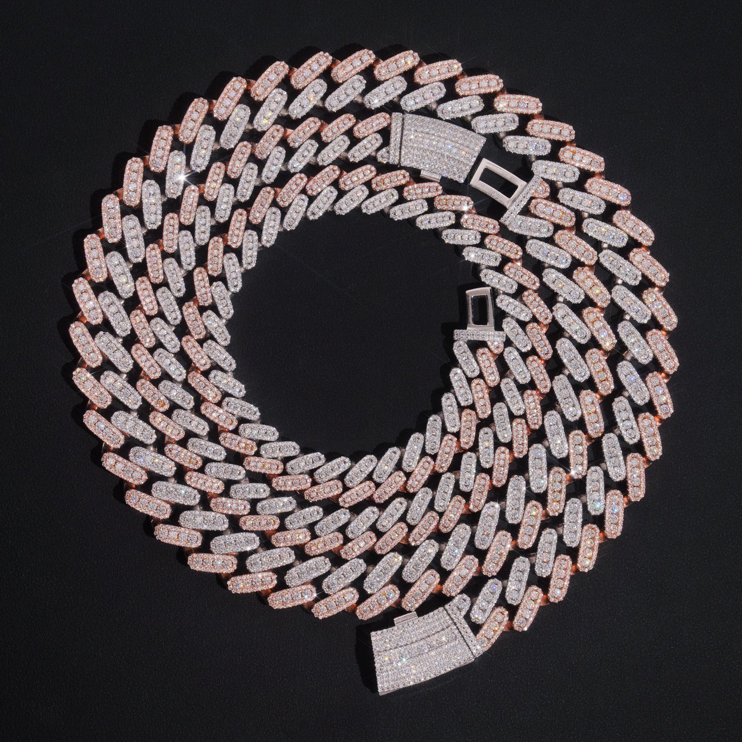 13MM 15MM Rose Gold Two Tone Three Rows Moissanite Cuban Chain Necklace Curve Lock