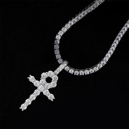 Hip Hop 3MM Ankh Cross Pendant With Moissanite Diamond Sterling Silver Men