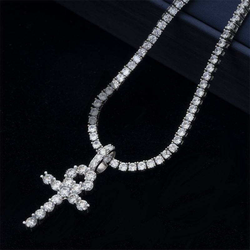 Hip Hop 3MM Ankh Cross Pendant With Moissanite Diamond Sterling Silver Men