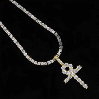 Hip Hop 3MM Ankh Cross Pendant With Moissanite Diamond Sterling Silver Men