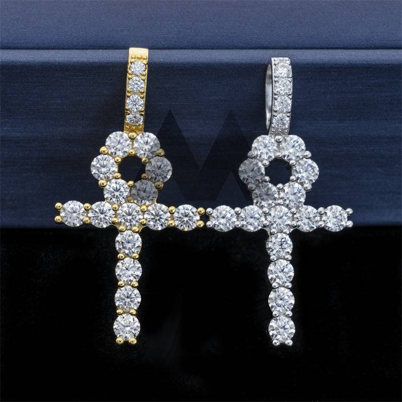 Hip Hop 3MM Ankh Cross Pendant With Moissanite Diamond Sterling Silver Men