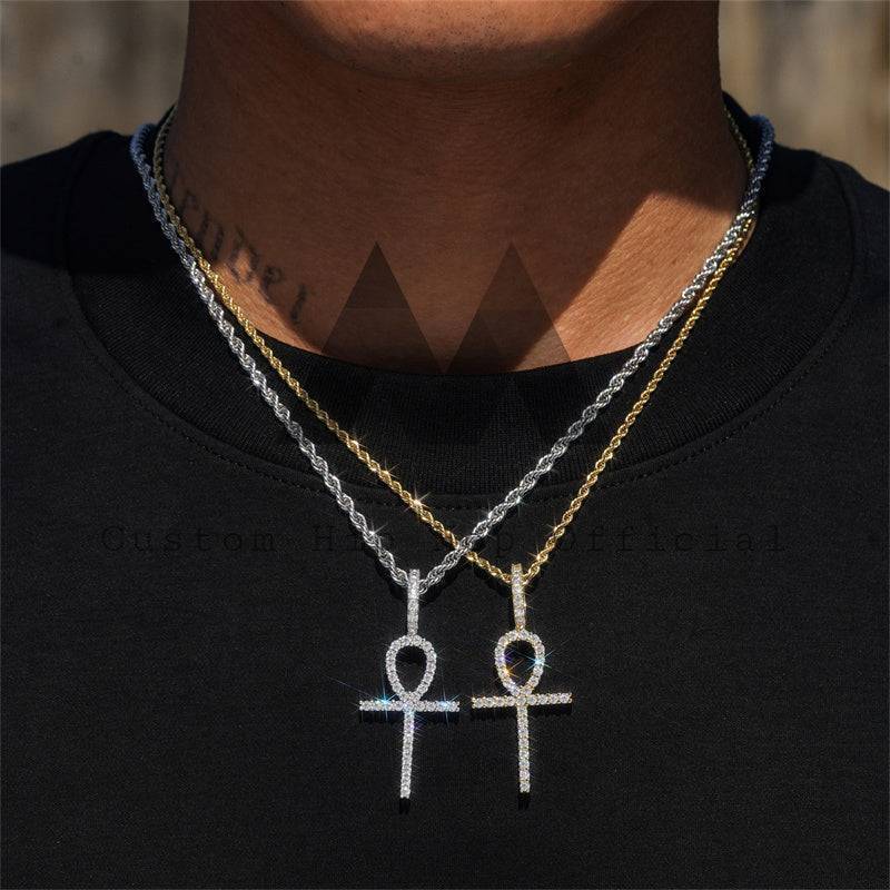 Hip Hop Iced Out Moissanite Ankh Cross Pendant Pass Diamond Tester Fit For 4mm Tennis Chain