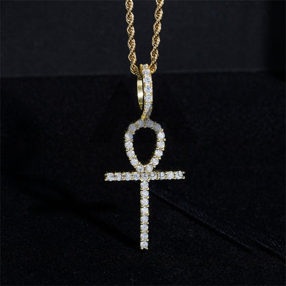 Hip Hop Iced Out Moissanite Ankh Cross Pendant Pass Diamond Tester Fit For 4mm Tennis Chain