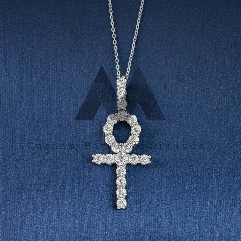 Solid Silver Men's Hip Hop Jewelry with 4MM Moissanite Diamond Ankh Cross Pendant Fit For 4MM Tennis Chain3