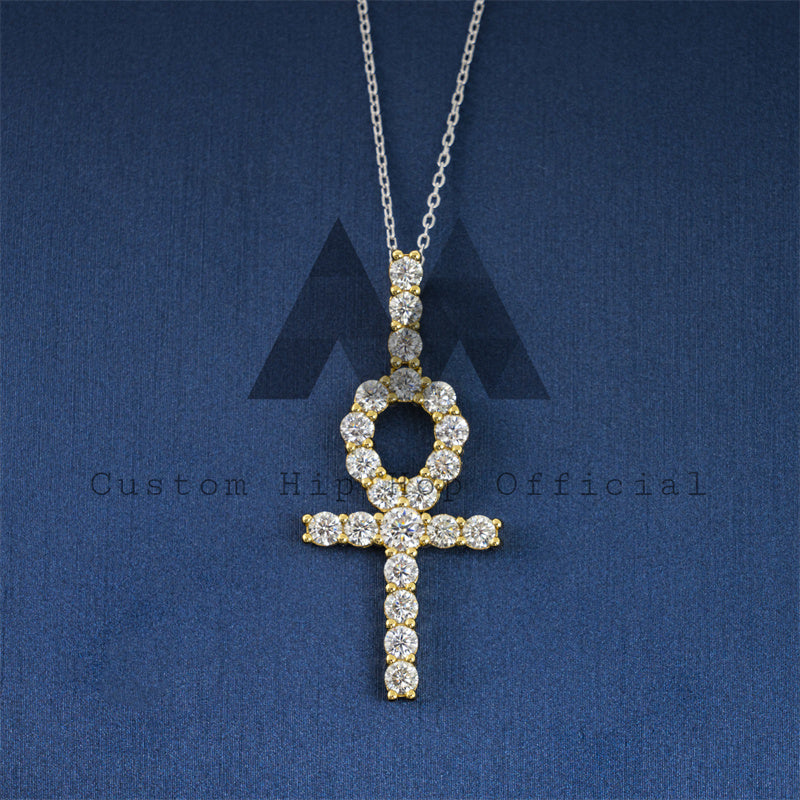 Solid Silver Men Necklace 4MM Moissanite Diamond Ankh Cross Pendant Fit For 4MM Tennis Chain