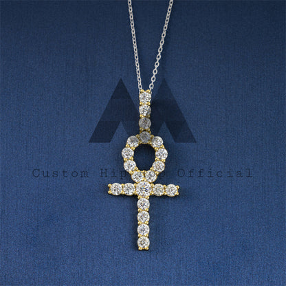 Solid Silver Men Necklace 4MM Moissanite Diamond Ankh Cross Pendant Fit For 4MM Tennis Chain