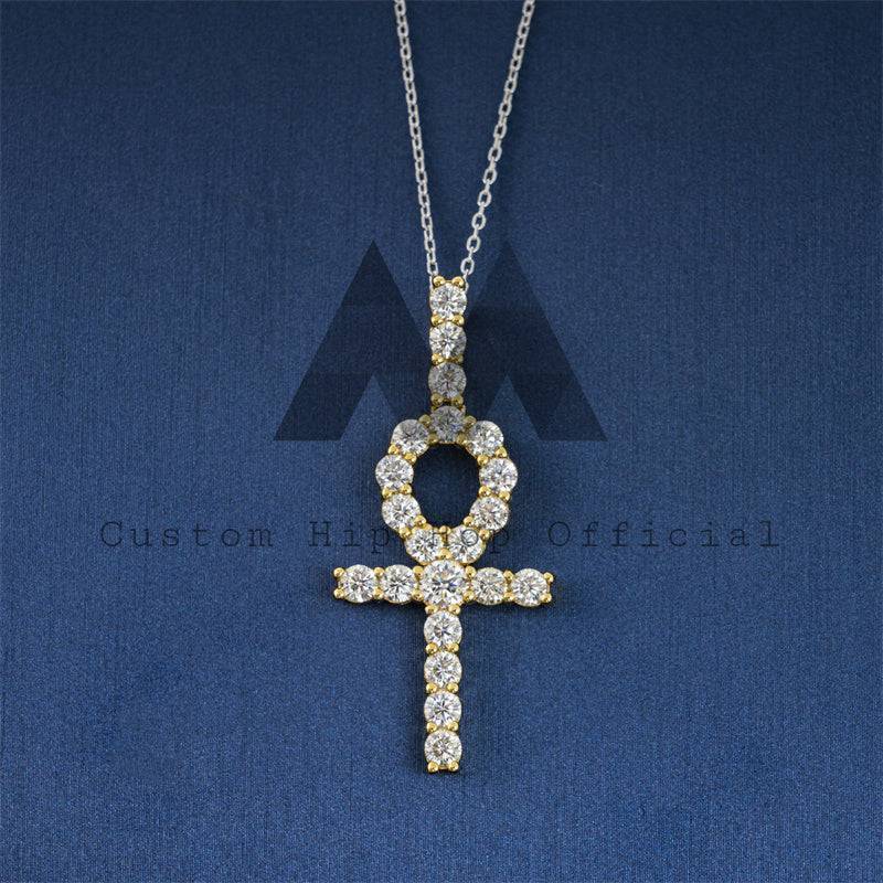 Solid Silver Men's Hip Hop Jewelry with 4MM Moissanite Diamond Ankh Cross Pendant Fit For 4MM Tennis Chain4