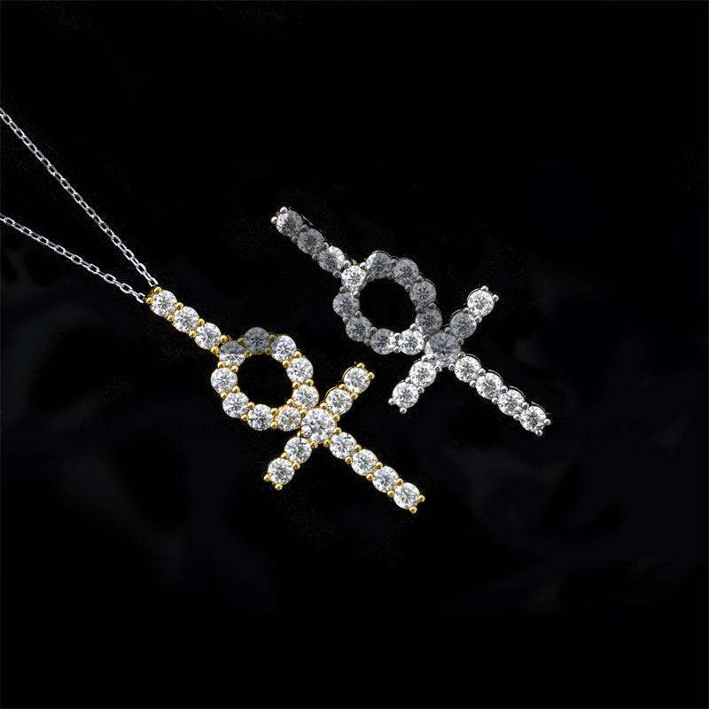 Solid Silver Men's Hip Hop Jewelry with 4MM Moissanite Diamond Ankh Cross Pendant Fit For 4MM Tennis Chain0