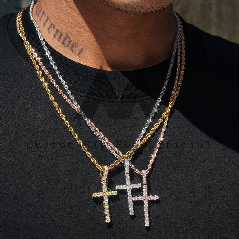 Hip hop jewelry 925 Sterling Silver 3MM Moissanite Cross Pendant for Men