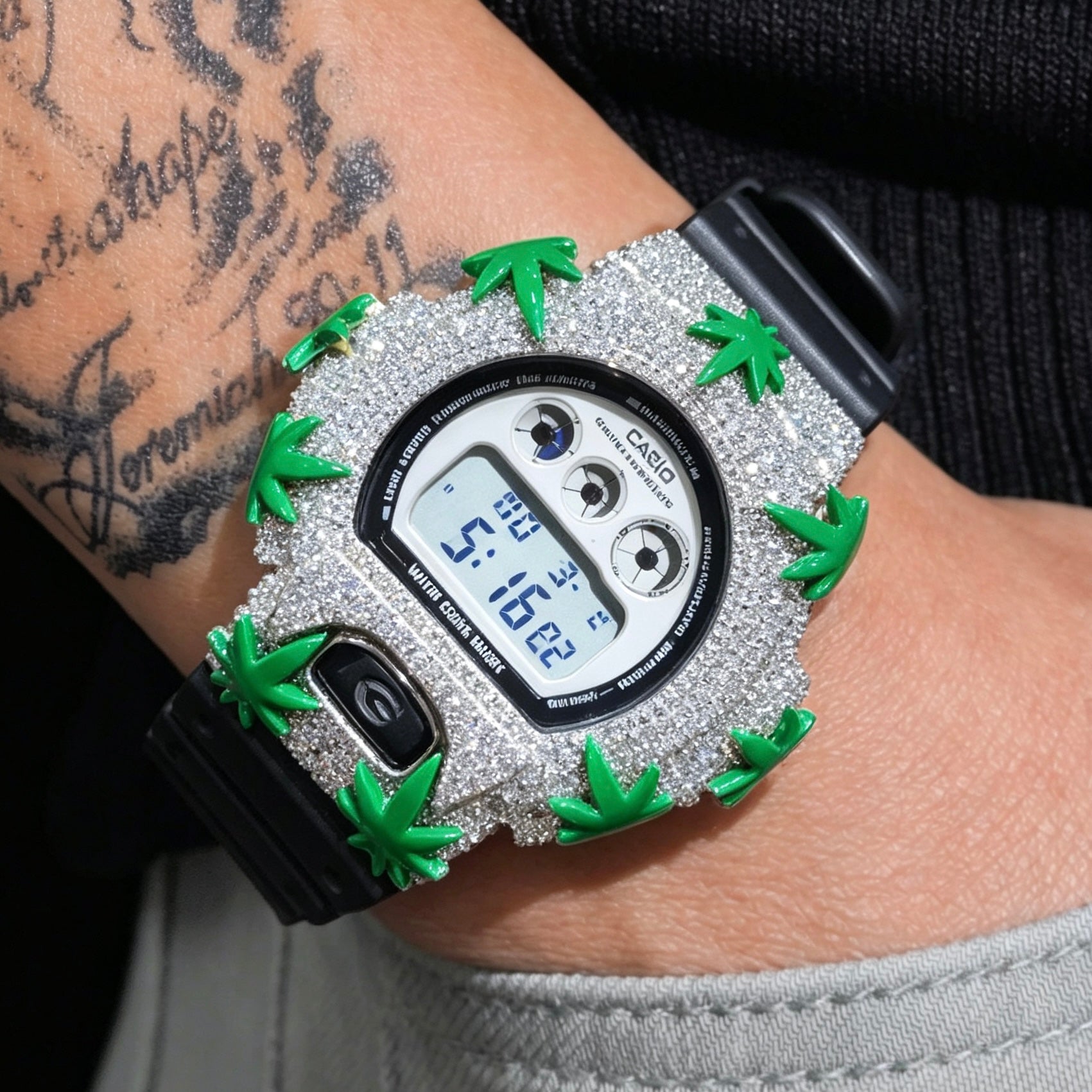 Custom Mde Green Enamel Leaf Iced Out G Shock Watch