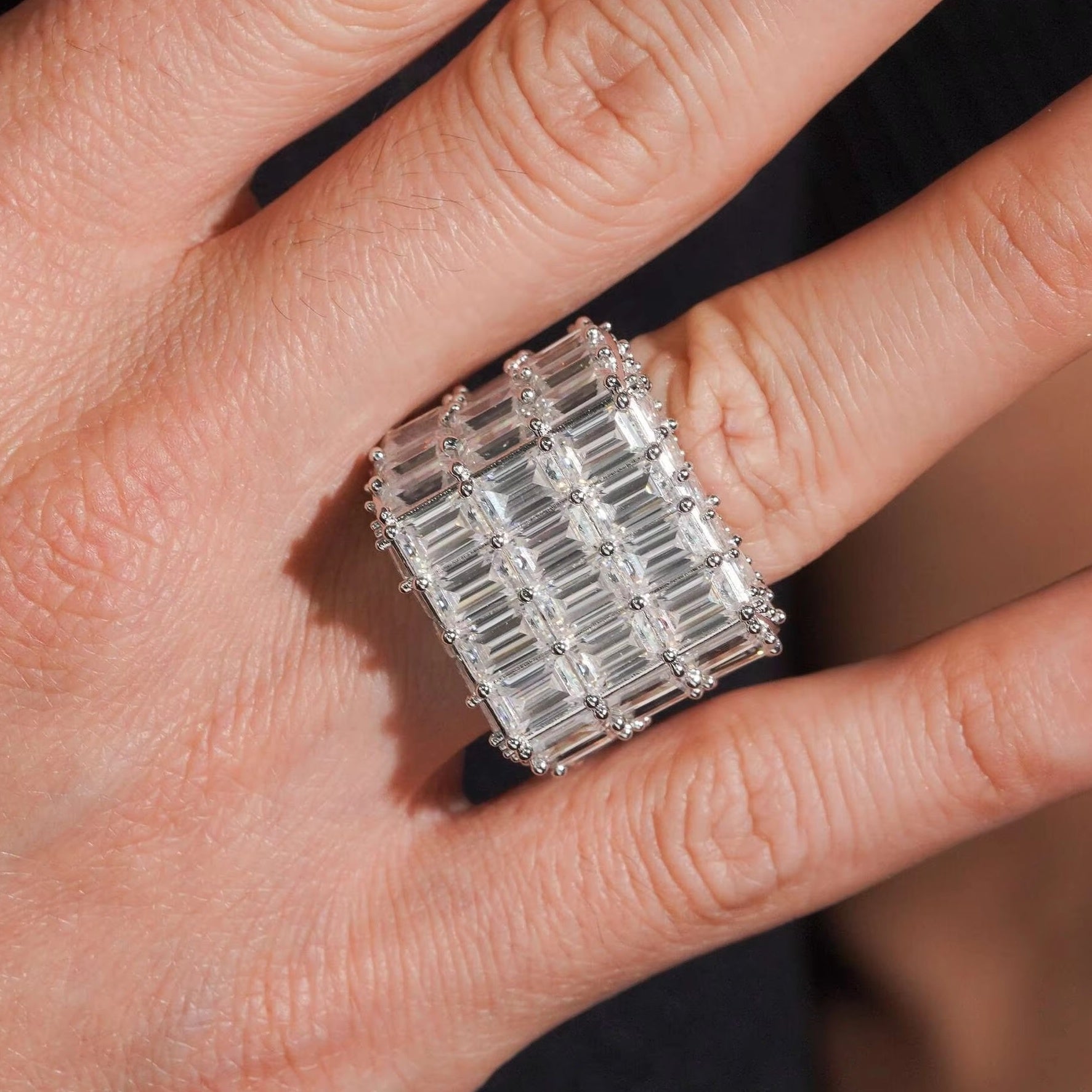 Bageutte Cut VVS Moissanite Diamond Men Ring 925 Silver