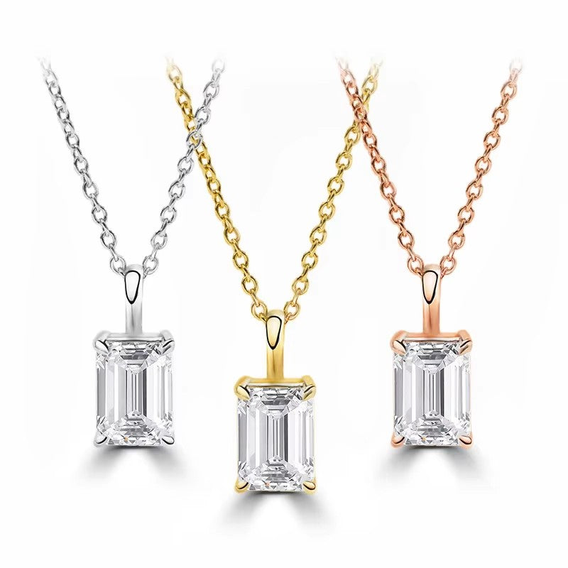18K Real Gold 1CT Emerald Cut Lab Grown Diamond Necklace